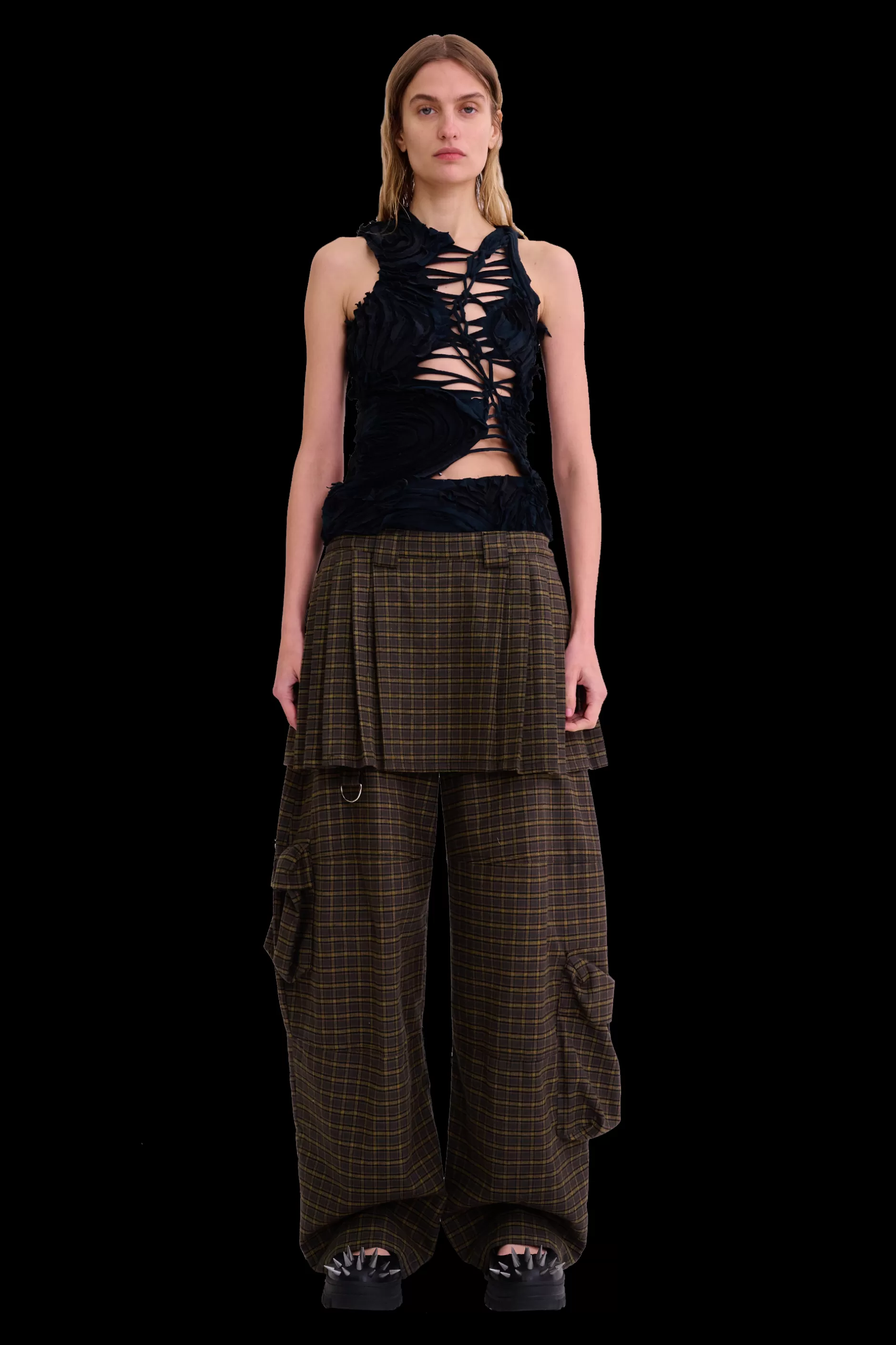 CHARCOAL PLAID LAWN SKIRT CARGO PANT | Collina Strada Sale