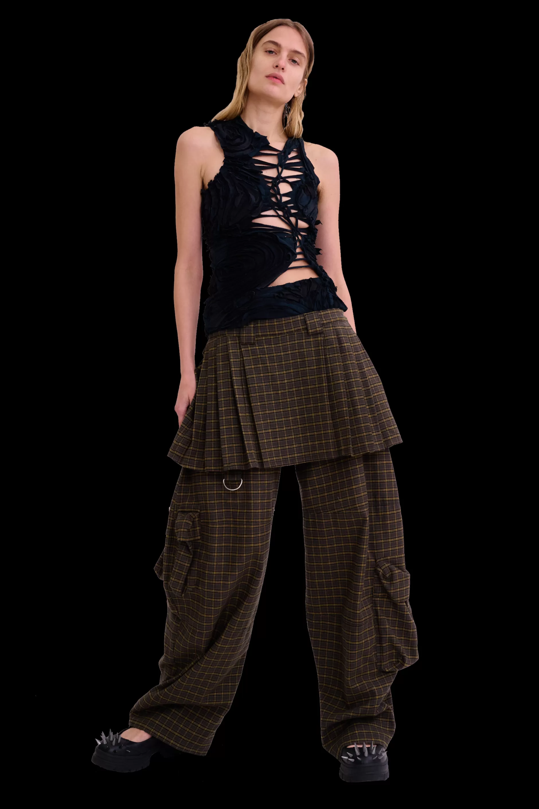 CHARCOAL PLAID LAWN SKIRT CARGO PANT | Collina Strada Sale