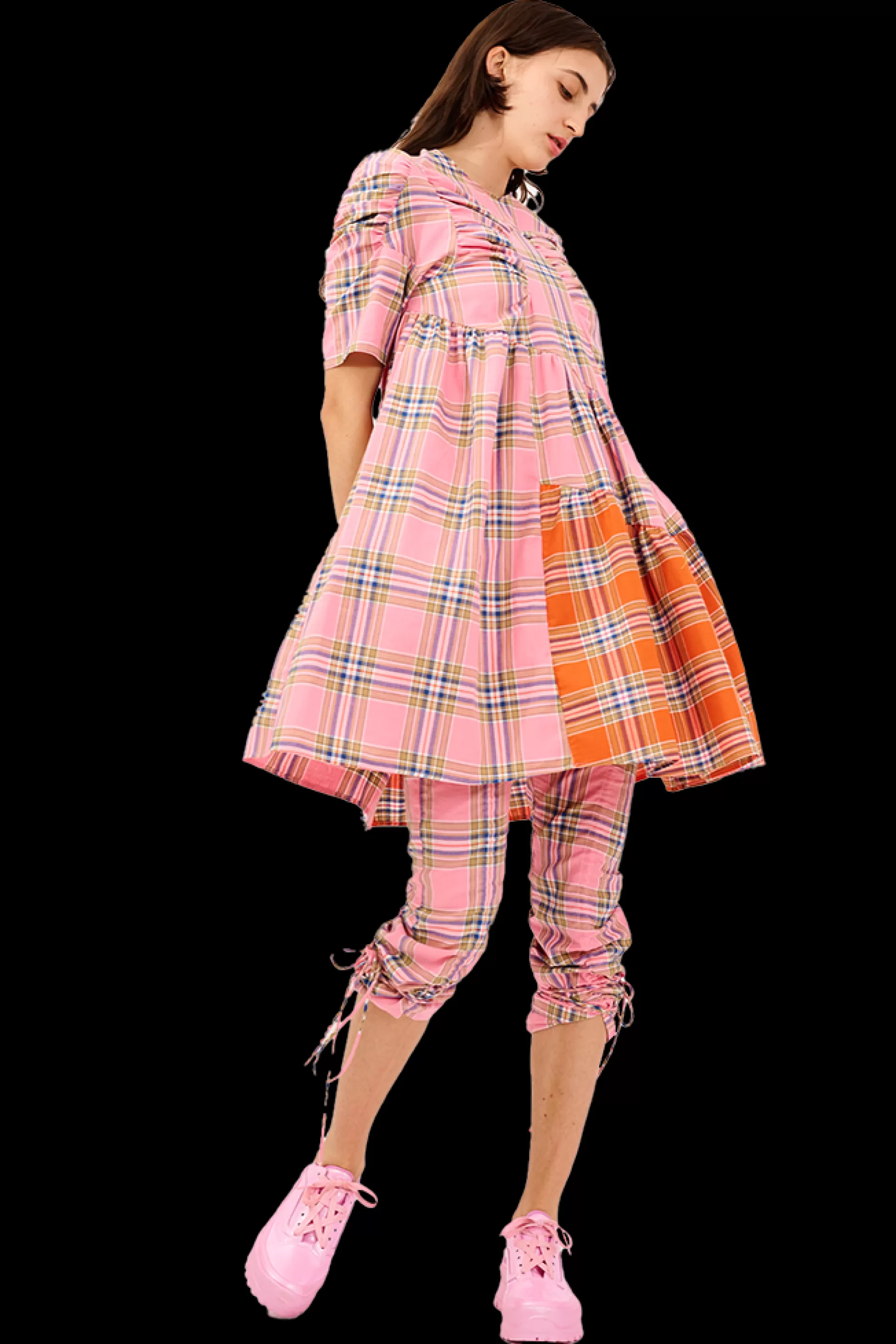 PINK-ORANGE PLAID ARC MIDI DRESS | Collina Strada Flash Sale